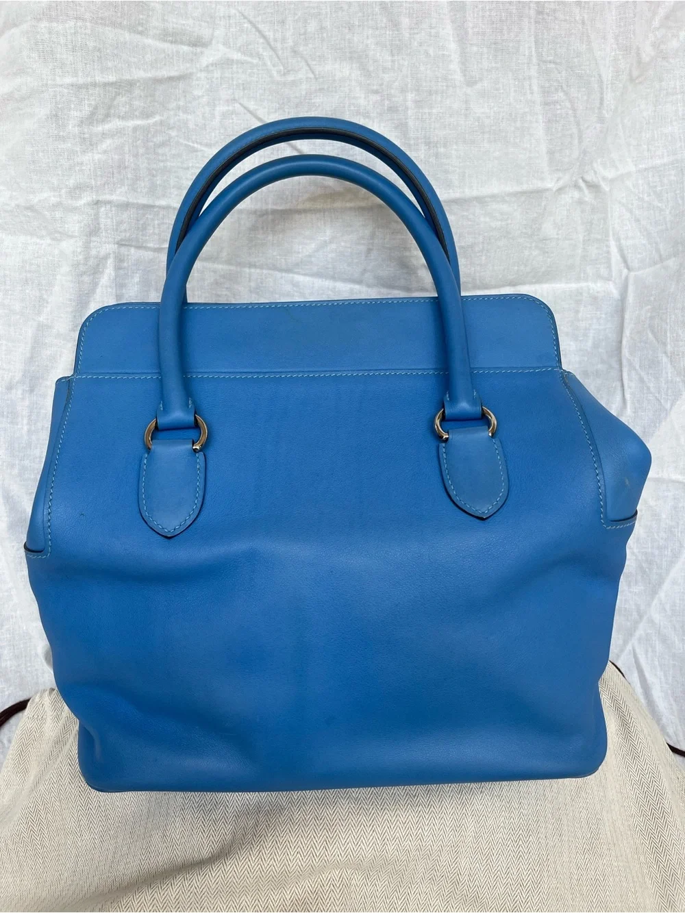 Authentic Hermès Toolbox 26 Blue Swift Leather Palladium Hardware Shoulder Bag
